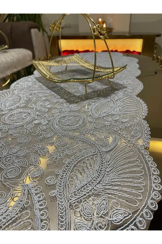 Hashamatli Runner Zal Mehmonxona Stoli Usti Stol Yopqichi Fransiz Gipurli Chayzlik (KULRANG) 1 dona Yangi Runner (133X45CM) - 12