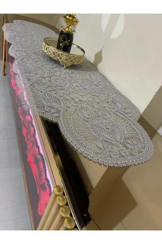 Hashamatli Runner Zal Mehmonxona Stoli Usti Stol Yopqichi Fransiz Gipurli Chayzlik (KULRANG) 1 dona Yangi Runner (133X45CM) - 13