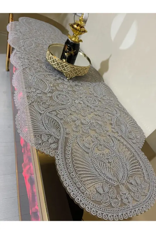 Hashamatli Runner Zal Mehmonxona Stoli Usti Stol Yopqichi Fransiz Gipurli Chayzlik (KULRANG) 1 dona Yangi Runner (133X45CM) - 14