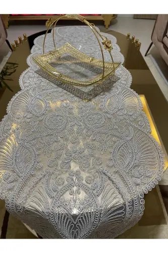 Hashamatli Runner Zal Mehmonxona Stoli Usti Stol Yopqichi Fransiz Gipurli Chayzlik (KULRANG) 1 dona Yangi Runner (133X45CM) - TEKSTILSA (1)
