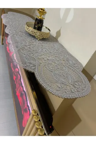 Hashamatli Runner Zal Mehmonxona Stoli Usti Stol Yopqichi Fransiz Gipurli Chayzlik (KULRANG) 1 dona Yangi Runner (133X45CM) - 6