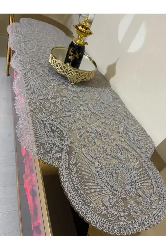 Hashamatli Runner Zal Mehmonxona Stoli Usti Stol Yopqichi Fransiz Gipurli Chayzlik (KULRANG) 1 dona Yangi Runner (133X45CM) - 7