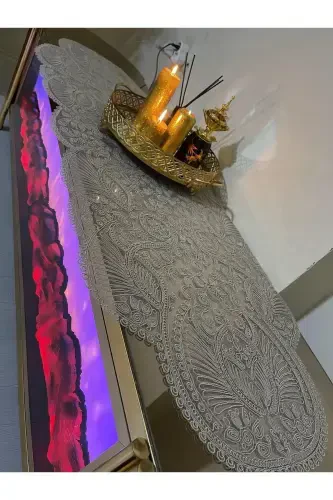 Hashamatli yuguruvchi salon xonasi divan stol stol choyshab fransuz gipyurli sep (Kapiçino) 1 dona yangi yuguruvchi (133X45CM-Kapiçino) - 5