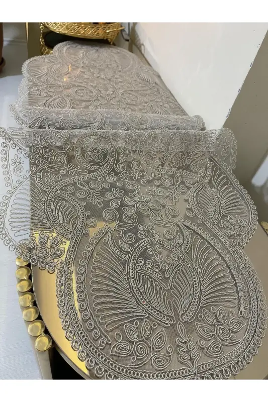 Hashamatli yuguruvchi salon xonasi divan stol stol choyshab fransuz gipyurli sep (Kapiçino) 1 dona yangi yuguruvchi (133X45CM-Kapiçino) - 15
