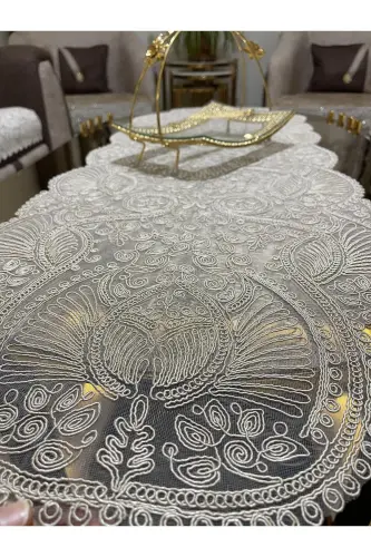 Hashamatli yuguruvchi salon xonasi divan stol stol choyshab fransuz gipyurli sep (Kapiçino) 1 dona yangi yuguruvchi (133X45CM-Kapiçino) - 4