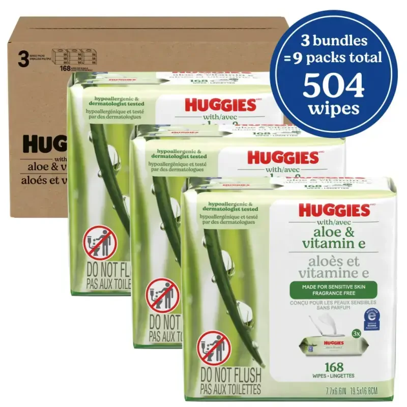 Huggies Wipes with Aloe & Vitamin E, Unscented, 3 Flip-Top Packs, 168 Total Count (Select for More)- - 8