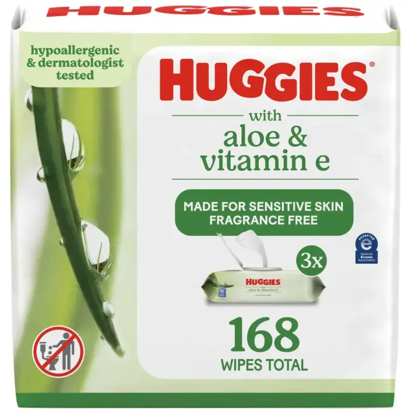 Hassas teriga mo'ljallangan Huggies Aloe va E vitamini qo'shilgan chaqaloq salfetkalari, hidi yo'q, 3 dona qopqoqli paket (jami 168 dona) - 9