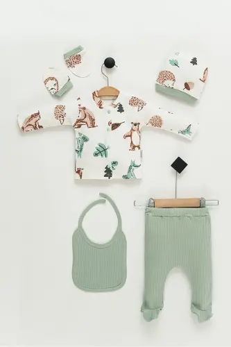 Hastane Çıkışı 100% Pamuk Ayıcık Baskılı Yenidoğan 5li Set Bebek Kıyafeti - Su yeşili beyaz - NEU KIDS (1)