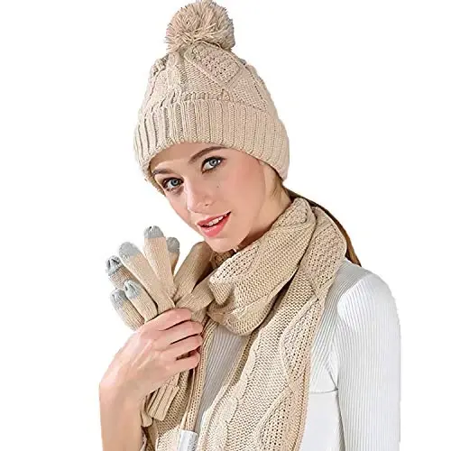 Hat Gloves Scarf Set for Women, Winter Beanie Warm Knit Pom Hat Touch Screen Glove Long Scarf 3pcs Winter Gift Set for Women - 1
