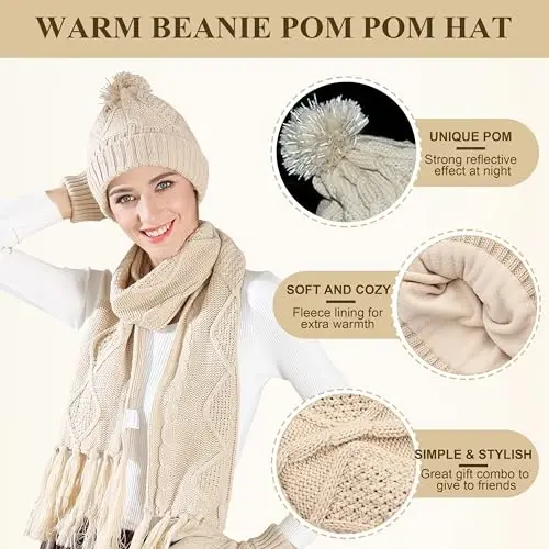 Hat Gloves Scarf Set for Women, Winter Beanie Warm Knit Pom Hat Touch Screen Glove Long Scarf 3pcs Winter Gift Set for Women - 3
