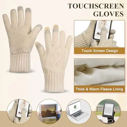 Hat Gloves Scarf Set for Women, Winter Beanie Warm Knit Pom Hat Touch Screen Glove Long Scarf 3pcs Winter Gift Set for Women - 4