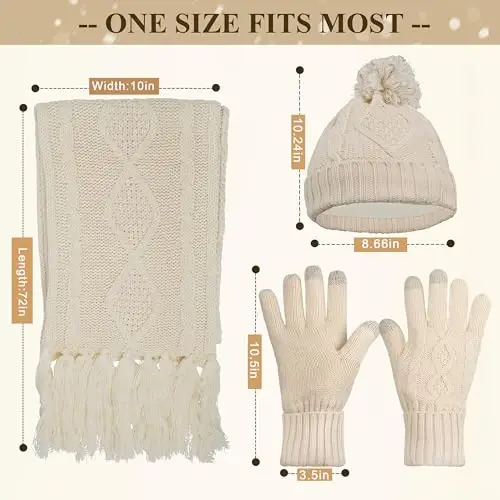 Hat Gloves Scarf Set for Women, Winter Beanie Warm Knit Pom Hat Touch Screen Glove Long Scarf 3pcs Winter Gift Set for Women - 6