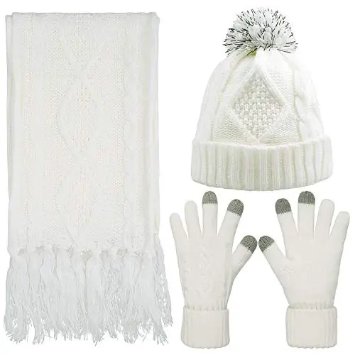 Hat Gloves Scarf Set for Women, Winter Beanie Warm Knit Pom Hat Touch Screen Glove Long Scarf 3pcs Winter Gift Set for Women - 1