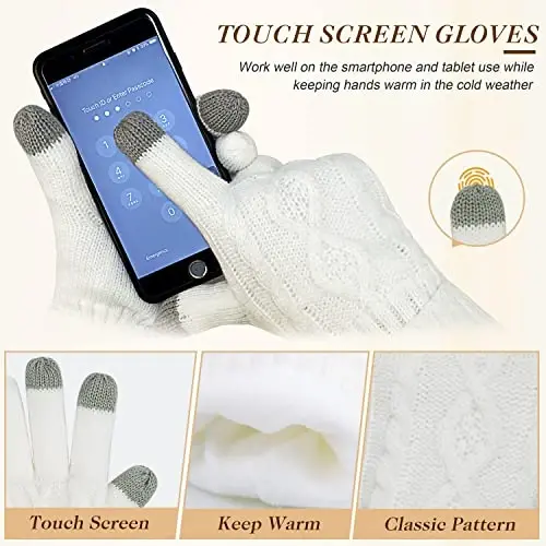 Hat Gloves Scarf Set for Women, Winter Beanie Warm Knit Pom Hat Touch Screen Glove Long Scarf 3pcs Winter Gift Set for Women - 4