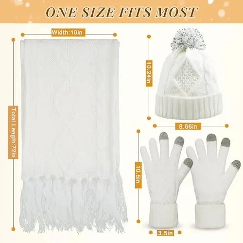 Hat Gloves Scarf Set for Women, Winter Beanie Warm Knit Pom Hat Touch Screen Glove Long Scarf 3pcs Winter Gift Set for Women - 6
