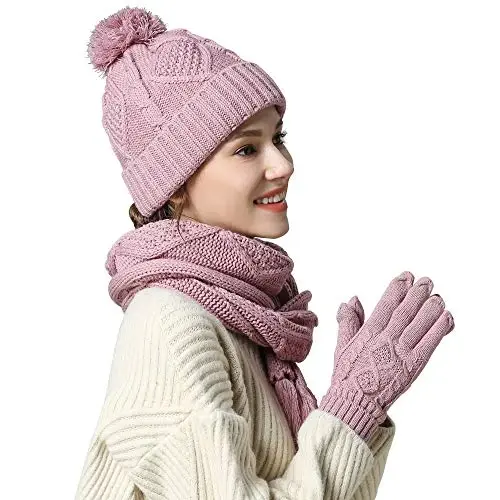 Hat Gloves Scarf Set for Women, Winter Beanie Warm Knit Pom Hat Touch Screen Glove Long Scarf 3pcs Winter Gift Set for Women - 1