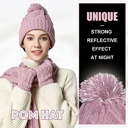 Hat Gloves Scarf Set for Women, Winter Beanie Warm Knit Pom Hat Touch Screen Glove Long Scarf 3pcs Winter Gift Set for Women - 3