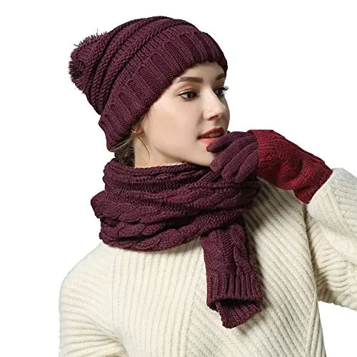 Hat Gloves Scarf Set for Women, Winter Beanie Warm Knit Pom Hat Touch Screen Glove Long Scarf 3pcs Winter Gift Set for Women 
