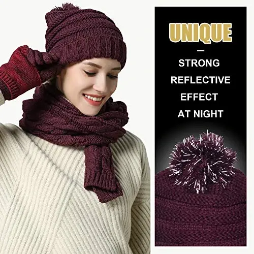 Hat Gloves Scarf Set for Women, Winter Beanie Warm Knit Pom Hat Touch Screen Glove Long Scarf 3pcs Winter Gift Set for Women - 3