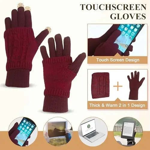 Hat Gloves Scarf Set for Women, Winter Beanie Warm Knit Pom Hat Touch Screen Glove Long Scarf 3pcs Winter Gift Set for Women - 4