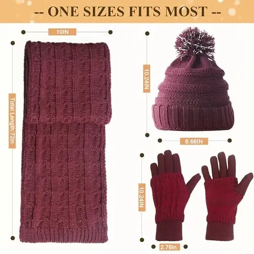Hat Gloves Scarf Set for Women, Winter Beanie Warm Knit Pom Hat Touch Screen Glove Long Scarf 3pcs Winter Gift Set for Women - 6