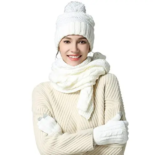 Hat Gloves Scarf Set for Women, Winter Beanie Warm Knit Pom Hat Touch Screen Glove Long Scarf 3pcs Winter Gift Set for Women - 1