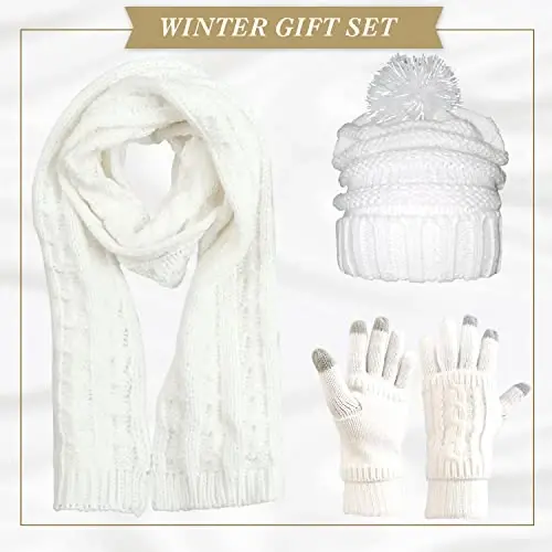 Hat Gloves Scarf Set for Women, Winter Beanie Warm Knit Pom Hat Touch Screen Glove Long Scarf 3pcs Winter Gift Set for Women - 2