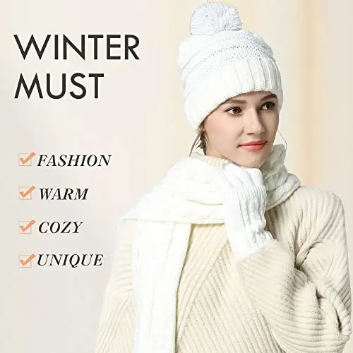 Hat Gloves Scarf Set for Women, Winter Beanie Warm Knit Pom Hat Touch Screen Glove Long Scarf 3pcs Winter Gift Set for Women - 6