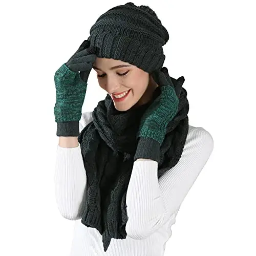 Hat Gloves Scarf Set for Women, Winter Beanie Warm Knit Pom Hat Touch Screen Glove Long Scarf 3pcs Winter Gift Set for Women - 1