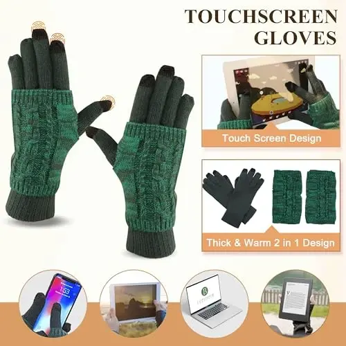 Hat Gloves Scarf Set for Women, Winter Beanie Warm Knit Pom Hat Touch Screen Glove Long Scarf 3pcs Winter Gift Set for Women - 4