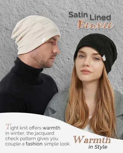 Hat Hut Ayollar Beanie Atlas Astarlı Beanie Ayollar va Erkaklar uchun Qishki Shlyapalar, Ipak Astarlı Yumshoq Bo'shashgan Beanie Shlyapalar Yumshoq Issiq Chang'i Shlyapa Unisex - 4