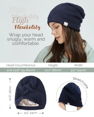 Hat Hut Ayollar Beanie Atlas Astarli Beanie Ayollar va Erkaklar uchun Qishki Shlyapalar, Ipak Astarli Yumshoq Issiq Slouchy Beanie Shlyapalar Unisex Ski Shlyapasi - 5