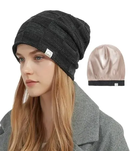 Hat Hut Ayollar Beanie Satin Qoplamali Beanie Ayollar va Erkaklar uchun Qishki Shlyapalar, Ipak Qoplamali Yumshoq Beanie Shlyapalar Yumshoq Issiq Ski Shlyapa Unisex 