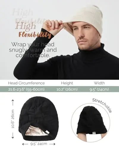 Hat Hut Ayollar Shapka Atlas Astarli Shapka Ayollar va Erkaklar uchun Qishki Shapka, Ipak Astarli Yumshoq Issiq Slouchy Shapka Uniseks - 5
