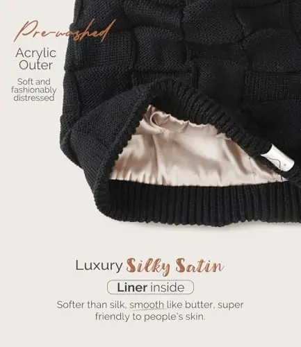 Hat Hut Womens Beanie Satin Lined Beanie Winter Hats for Women Men, Silk Lined Slouchy Beanie Hats Soft Warm Ski Hat Unisex - 2