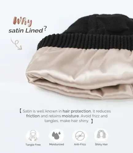 Hat Hut Womens Beanie Satin Lined Beanie Winter Hats for Women Men, Silk Lined Slouchy Beanie Hats Soft Warm Ski Hat Unisex - 3
