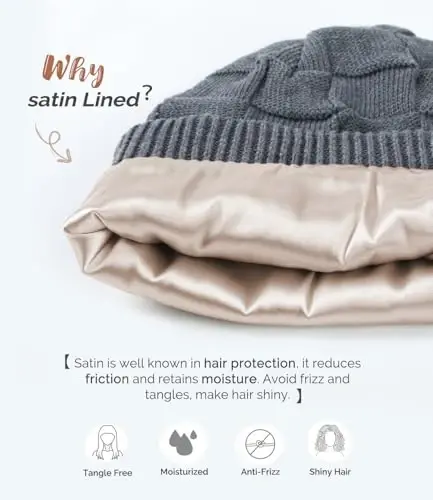 Hat Hut Womens Beanie Satin Lined Beanie Winter Hats for Women Men, Silk Lined Slouchy Beanie Hats Soft Warm Ski Hat Unisex - 3