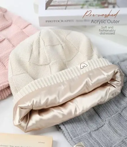 Hat Hut Womens Beanie Satin Lined Beanie Winter Hats for Women Men, Silk Lined Slouchy Beanie Hats Soft Warm Ski Hat Unisex - Modazone (1)