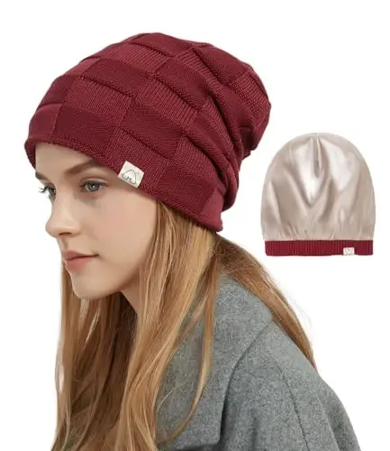 Hat Hut Womens Beanie Satin Lined Beanie Winter Hats for Women Men, Silk Lined Slouchy Beanie Hats Soft Warm Ski Hat Unisex - 1