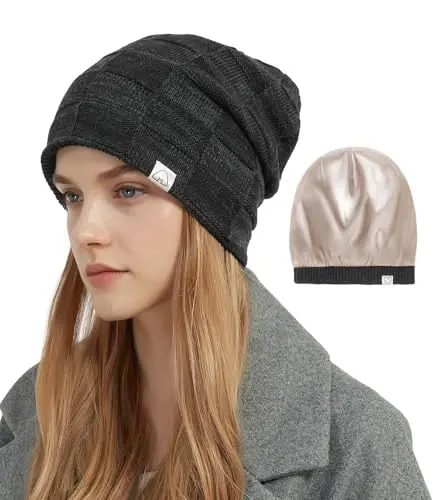 Hat Hut Womens Beanie Satin Lined Beanie Winter Hats for Women Men, Silk Lined Slouchy Beanie Hats Soft Warm Ski Hat Unisex 