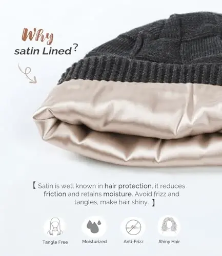 Hat Hut Womens Beanie Satin Lined Beanie Winter Hats for Women Men, Silk Lined Slouchy Beanie Hats Soft Warm Ski Hat Unisex - 3