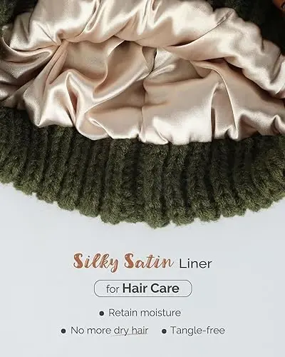 Hat Hut Satin Lined Beanie Hat for Women Silk Lined Winter Hat for Curly Hair Ponytail Beanie Messy Bun Knit Skull Cap - 3