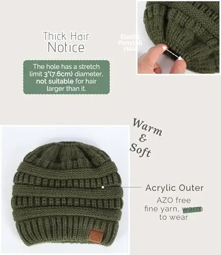 Hat Hut Satin Lined Beanie Hat for Women Silk Lined Winter Hat for Curly Hair Ponytail Beanie Messy Bun Knit Skull Cap - 5