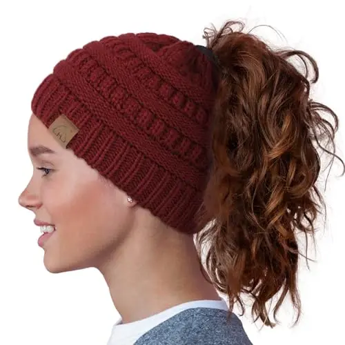Hat Hut Satin Lined Beanie Hat for Women Silk Lined Winter Hat for Curly Hair Ponytail Beanie Messy Bun Knit Skull Cap 
