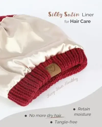 Hat Hut Satin Lined Beanie Hat for Women Silk Lined Winter Hat for Curly Hair Ponytail Beanie Messy Bun Knit Skull Cap - 2