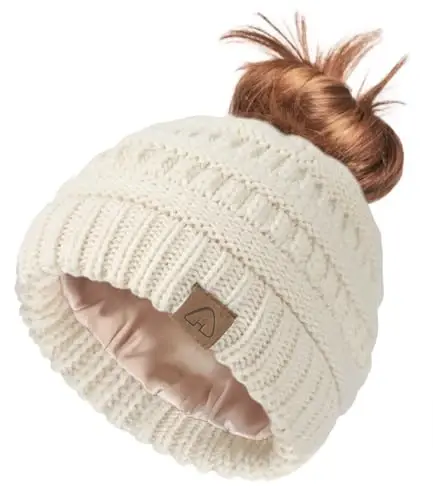 Hat Hut Satin Lined Beanie Hat for Women Silk Lined Winter Hat for Curly Hair Ponytail Beanie Messy Bun Knit Skull Cap - 1