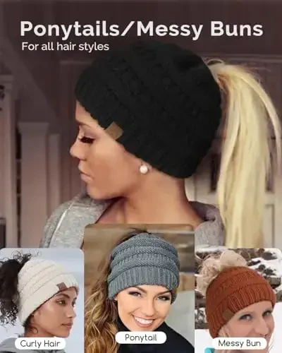 Hat Hut Satin Lined Beanie Hat for Women Silk Lined Winter Hat for Curly Hair Ponytail Beanie Messy Bun Knit Skull Cap - 5