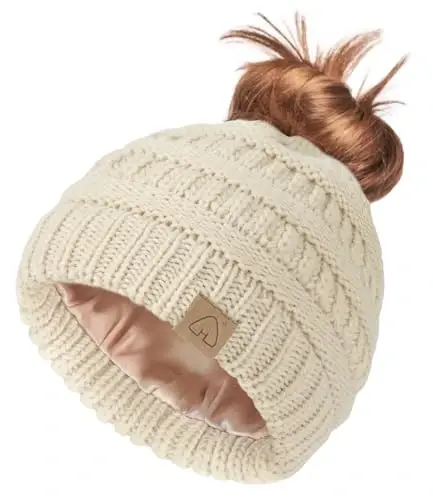 Hat Hut Satin Lined Beanie Hat for Women Silk Lined Winter Hat for Curly Hair Ponytail Beanie Messy Bun Knit Skull Cap 