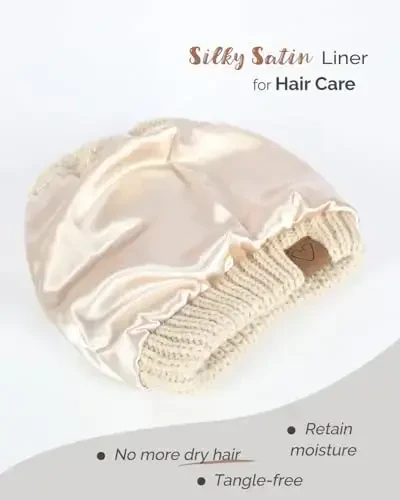 Hat Hut Satin Lined Beanie Hat for Women Silk Lined Winter Hat for Curly Hair Ponytail Beanie Messy Bun Knit Skull Cap - 2