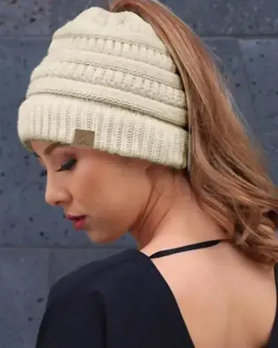 Hat Hut Satin Lined Beanie Hat for Women Silk Lined Winter Hat for Curly Hair Ponytail Beanie Messy Bun Knit Skull Cap - 5